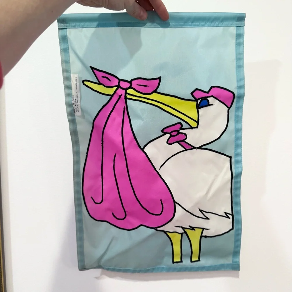 Vintage NWOT Nylon Embroidered Baby Shower Neon Stork Banner Flag